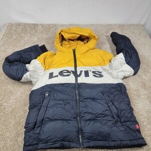 Levi's Mens Puffer Jacket Hooded Color Block Yellow White Navy Blue Size Medium